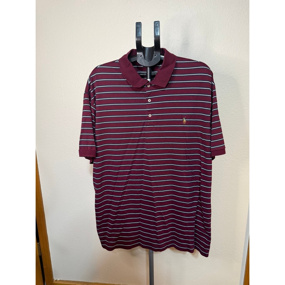 Polo Ralph Lauren Mens 2XLT Striped Polo Shirt Burgundy Maroon Short Sleeve Pony